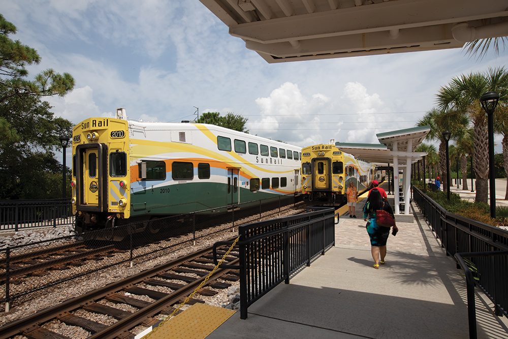 A Sunrail train pulls into DeBary Station, the northernmost station on the SunRail route located in DeBary, Florida (part of the Greater Daytona Region).