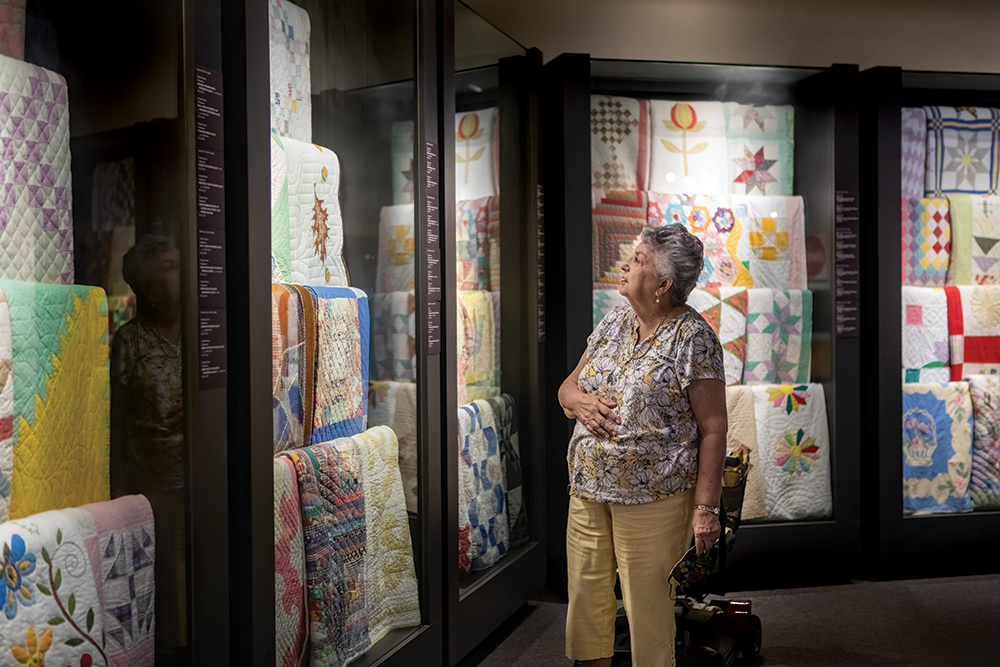 Lucylle Jones looks at hand-made quilts at the Museum of Arts and Sciences in Daytona (Greater Daytona Region). ©Journal Communications/Nathan Lambrecht