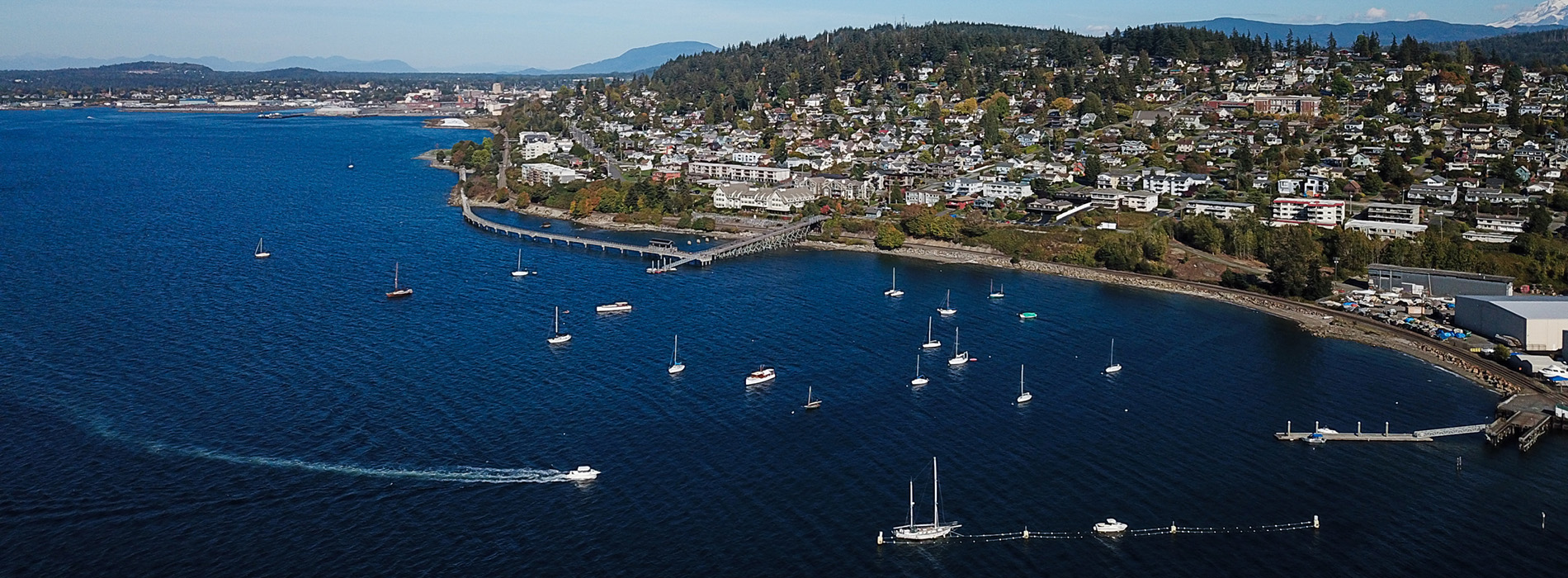 Aerial view of shoreline in Bellingham, Washington.