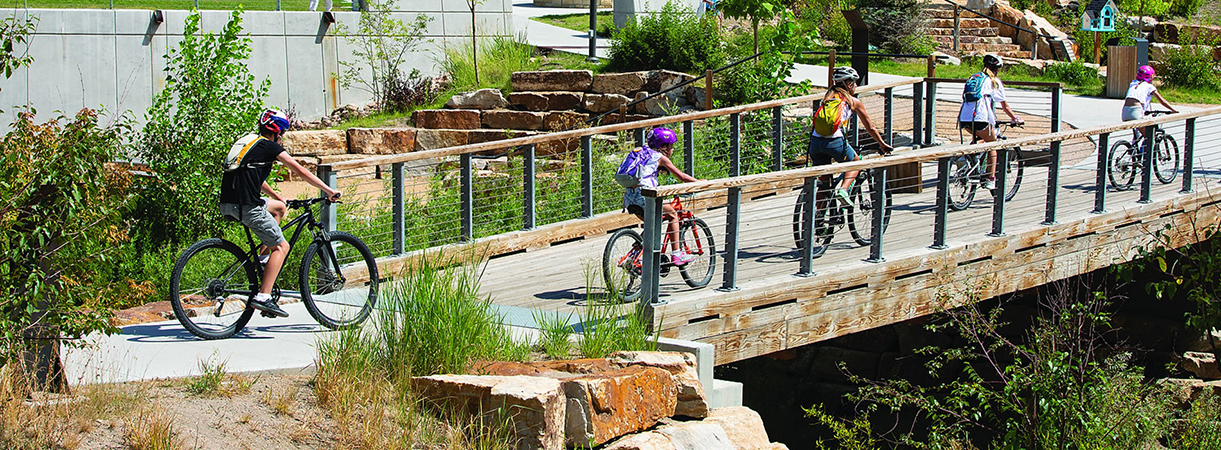 Cyclists in Festival Park in Castle Rock CO
