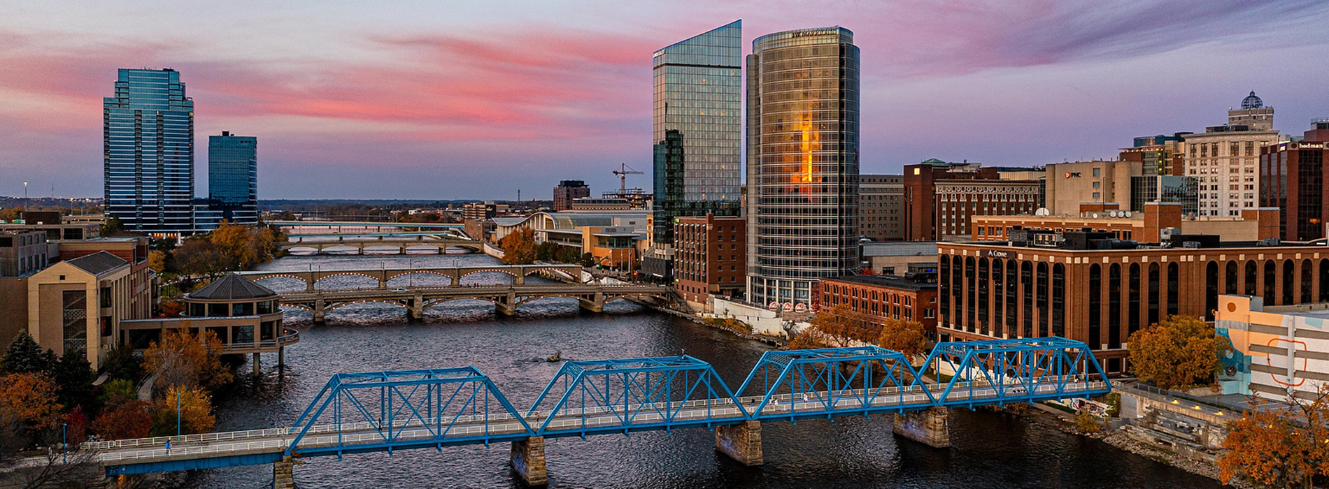 Night skyline and bridge view of Grand Rapids MI
