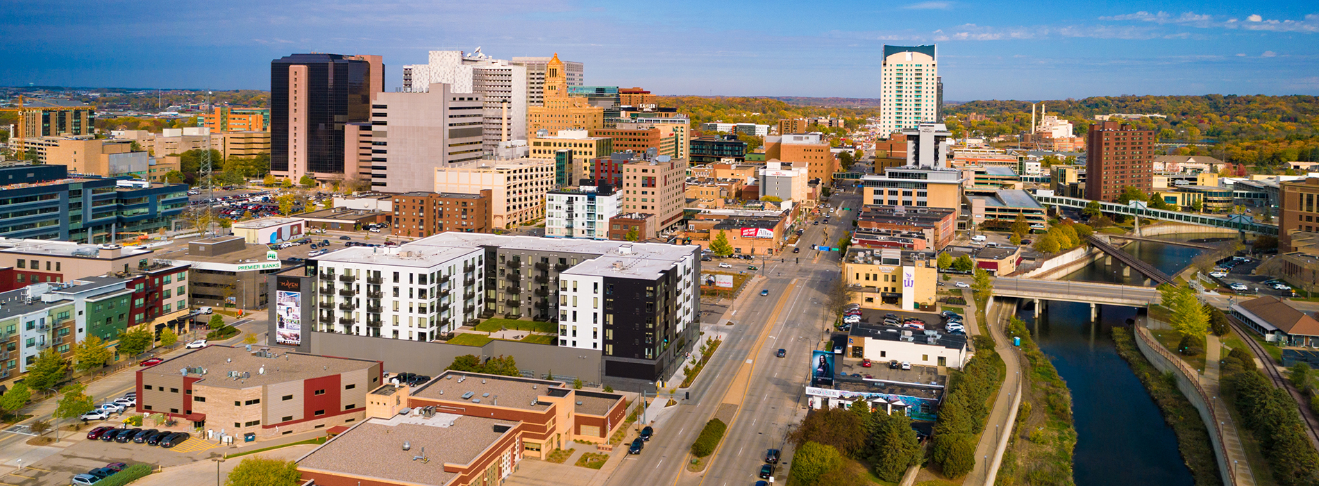 Aerial view of downtown Rochester, MN skyline