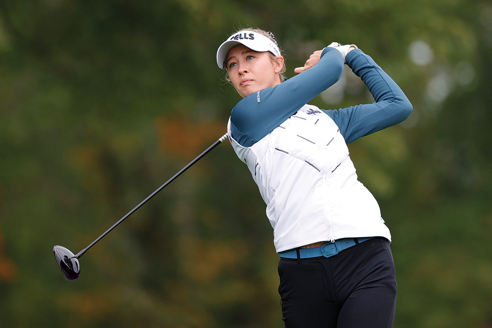 WEST CALDWELL, NEW JERSEY - OCTOBER 07: Nelly Korda of the United States hits her tee shot on the 2nd hole during the first round of the Cognizant Founders Cup at Mountain Ridge Country Club on October 07, 2021 in West Caldwell, New Jersey. (Photo by Sarah Stier/Getty Images)