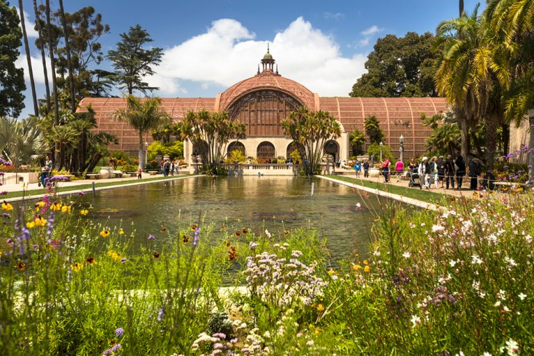 The Botanical Building in Balboa Park in San Diego, California, USA. Domed building from the 1915 Panama-California Exposition and a garden with more than 2,000 plants. Balboa Park is a 1,200-acre urban cultural park in San Diego, California, United States.