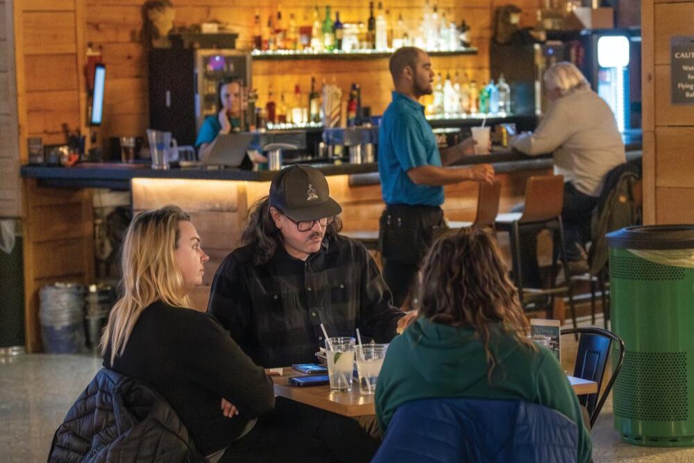 Visitors play trivia at the Clubhouse