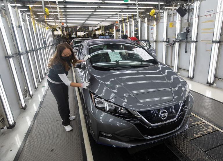Leaf electric vehicles are inspected at the Nissan manufacturing plant in Smyrna, TN.