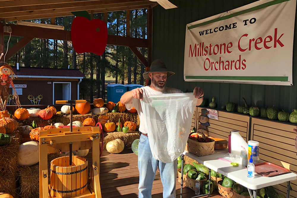 Demo of how the Apple Cider Press works at Millstone Creek Orchards in Ramseur, NC.
