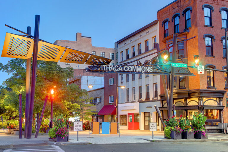 A view of the downtown shopping district in Ithaca, NY, which ranks #88 in the Livability Top 100 Best Places to Live in the U.S.