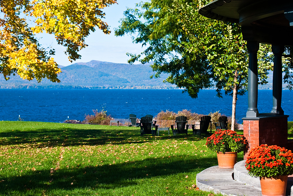 The view from the Inn at Shelburne Farms looking across Lake Champlain from Vermont to New York