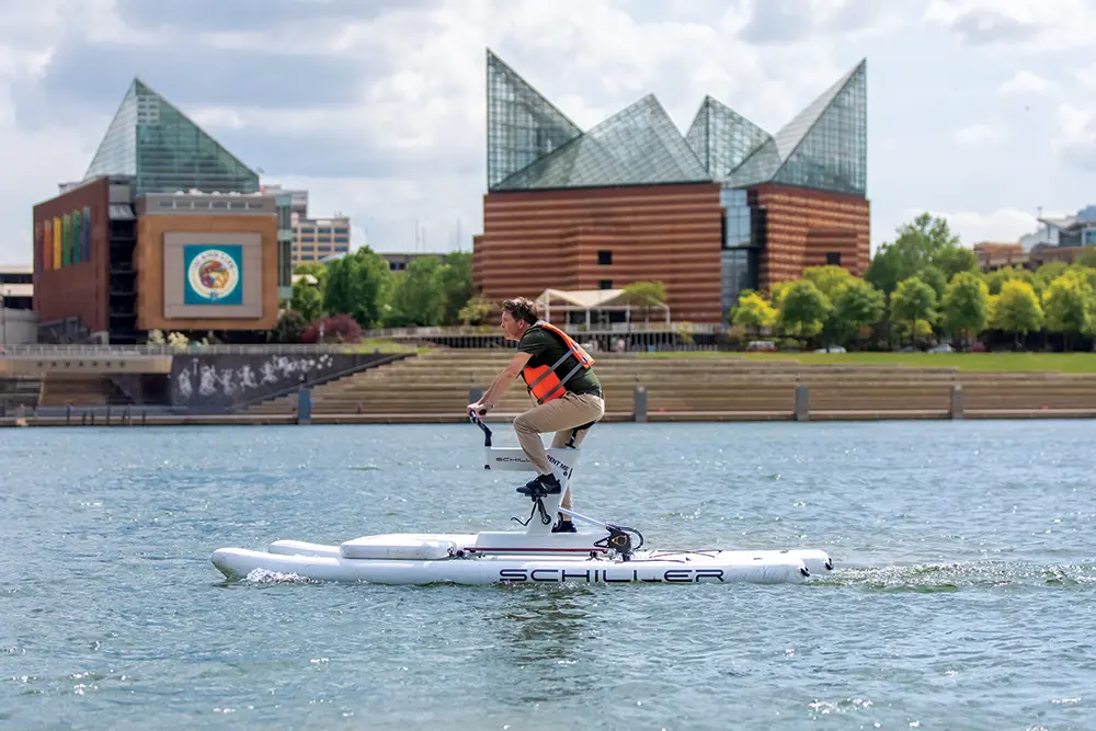 Adventure Sports Innovation company co-founder Patrick Molloy peddles a Schiller S1C Waterbike in the Tennessee River in downtown Chattanooga, Tennessee.