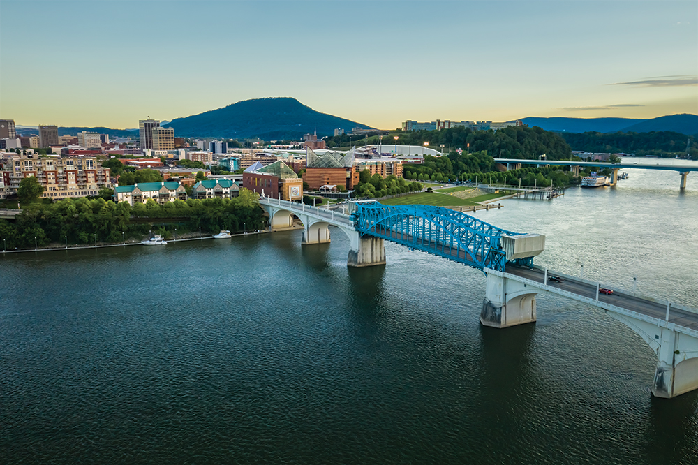 Downtown Chattanooga, Tennessee and the Tennessee River. Drone photo. ©Journal Communications/Jeff Adkins