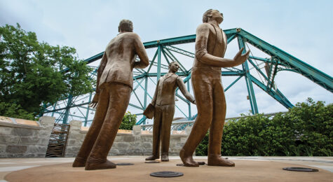 Three life sized bronze figures by artist Jerome Meadows, are part of the Ed Johnson Memorial Project next to the Walnut Street Bridge in downtown Chattanooga, Tennessee. ©Journal Communications/Jeff Adkins