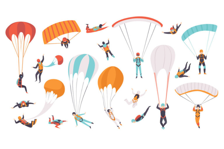 Skydivers Flying with Parachutes Set, Extreme Sport, Parachuting, Paragliding and Skydiving Concept Cartoon Vector Illustration on White Background.