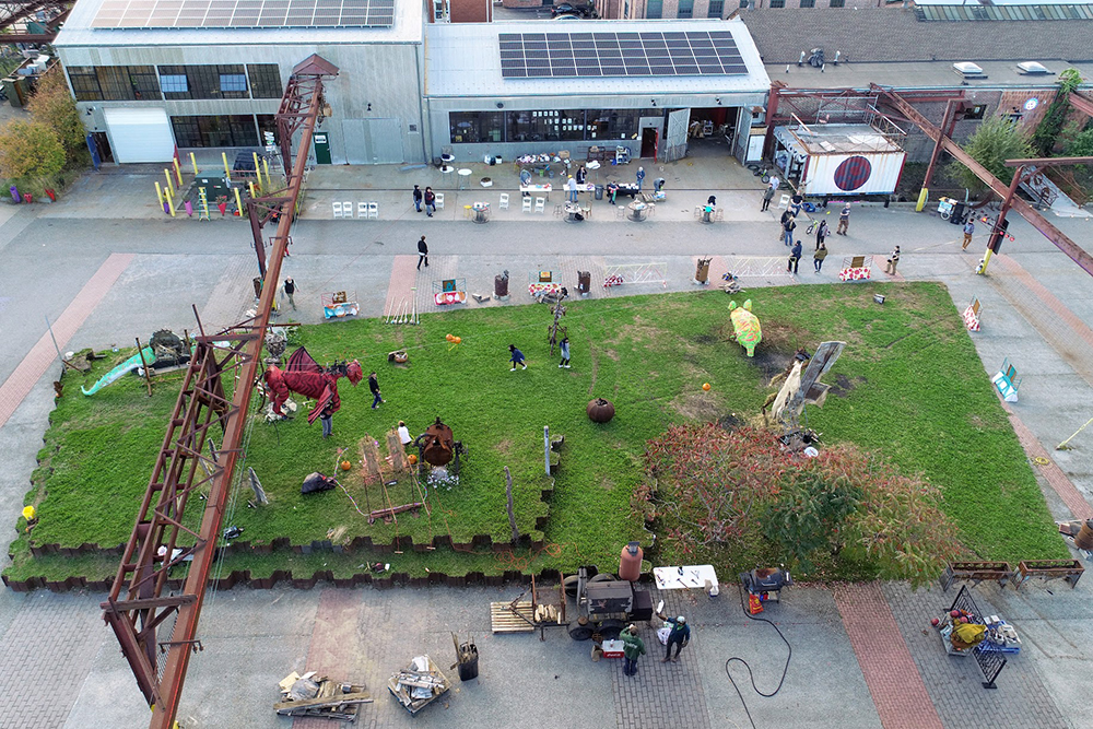 Aerial shot of a volunteer appreciation celebration at The Steel Yard, a mixed-used and multi-purpose building in Providence, Rhode Island. 