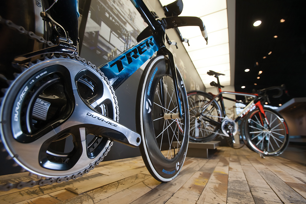 Some of Trek's latest bicycle models are on display in the lobby at the Trek Bicycle manufacturing facility and headquarters in Waterloo, Wisconsin.