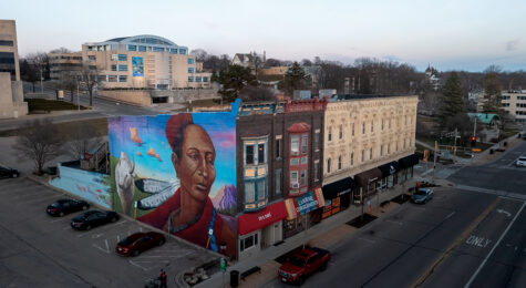 A mural of Black Hawk, a Sauk American Indian painted by Jeff Henriquez, in downtown Janesville, part of the Greater Madison Region.