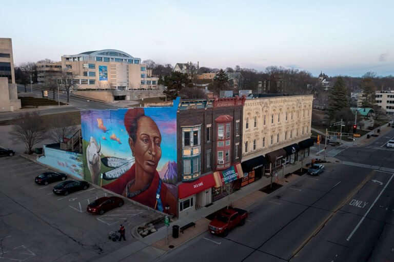 A mural of Black Hawk, a Sauk American Indian painted by Jeff Henriquez, in downtown Janesville, part of the Greater Madison Region.