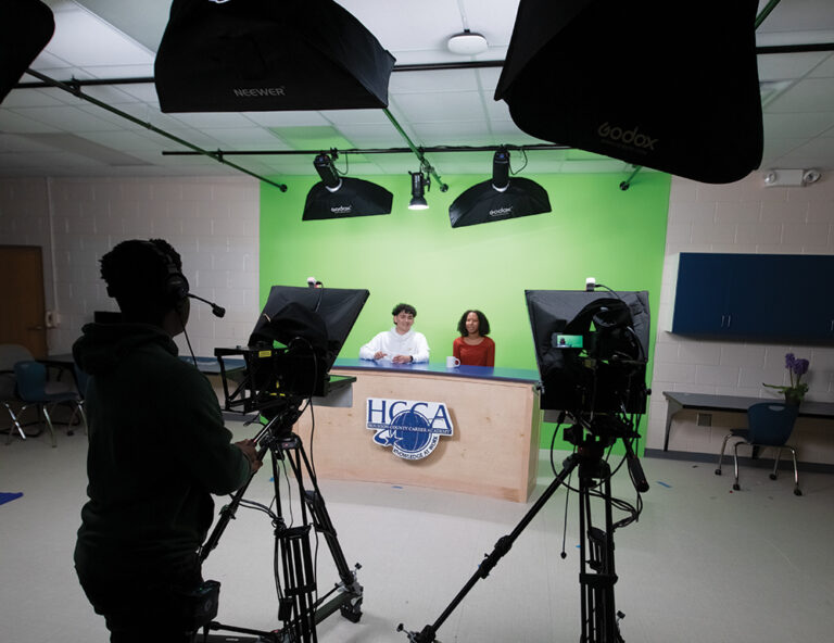Students film in front of a green screen in the Audio Video Tech and Film Program at Houston County Career Academy in Warner Robins, Georgia. ©Journal Communications/Jeff Adkins