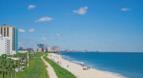 The Myrtle Beach, South Carolina, shoreline pictured on a sunny day.