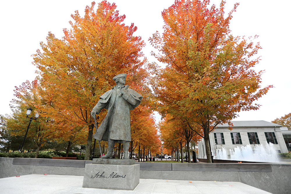 John Adams statue during the fall in Quincy, Massachusetts.