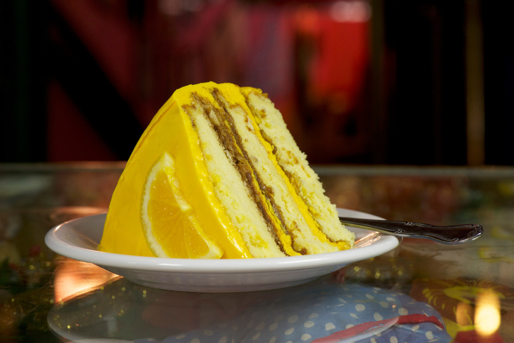 A large slice of orange crunch cake from the Bubble Room in Florida, which is known for its great desserts