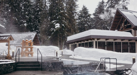The relaxation pool at the Alyeska Nordic Spa surrounded by snow. The spa is one of the best under the radar spas in the U.S. and is in Girdwood, Alaska.