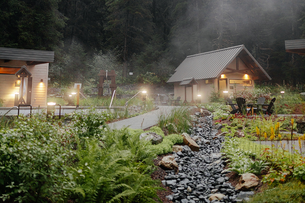 Steam rising from the ground outside of the outhouses at the Alyeska Nordic Spa. The spa is in Girdwood, Alaska, which is near Anchorage.
