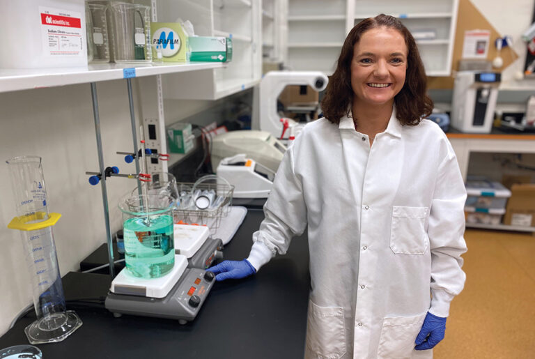 Margaret Lumley, Co-Founder of ChloBis Water at her lab bench at Forward BIOLabs, which is a biotech company located in the Greater Madison Region.