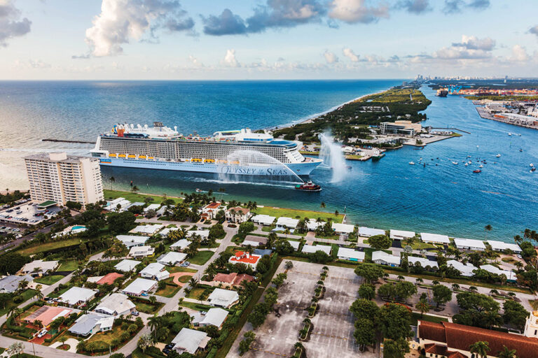 Aerial shot of a Royal Caribbean International cruise ship in the harbor in the Greater Fort Lauderdale region of Florida.