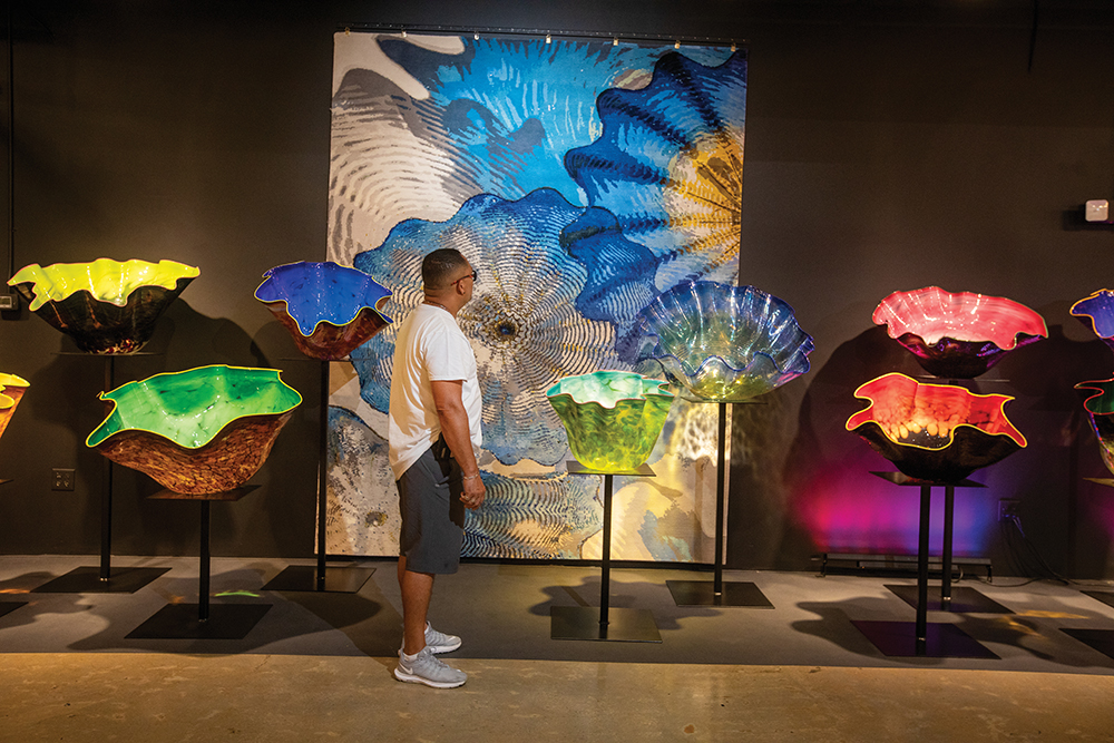 Glass works in the Art on Fire – The Chihuly Connection - glass art is on display at the Wiener Museum of Decorative in Dania Beach, Florida. Dania Beach is located in the Greater Fort Lauderdale region.