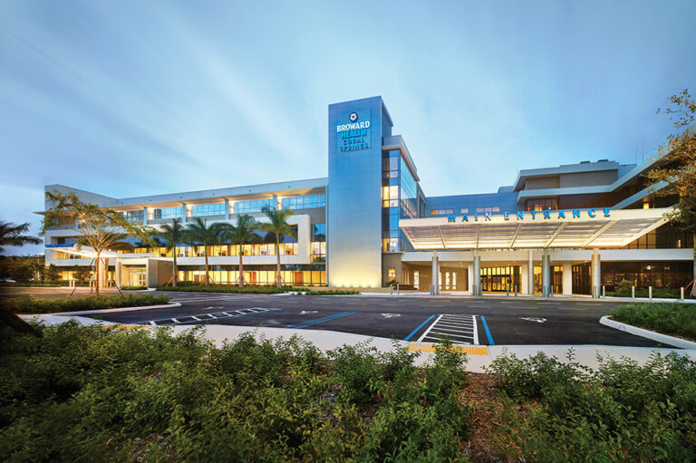 Exterior shot of the Broward Health Coral Springs building. The healthcare facility is located in the Greater Fort Lauderdale region.