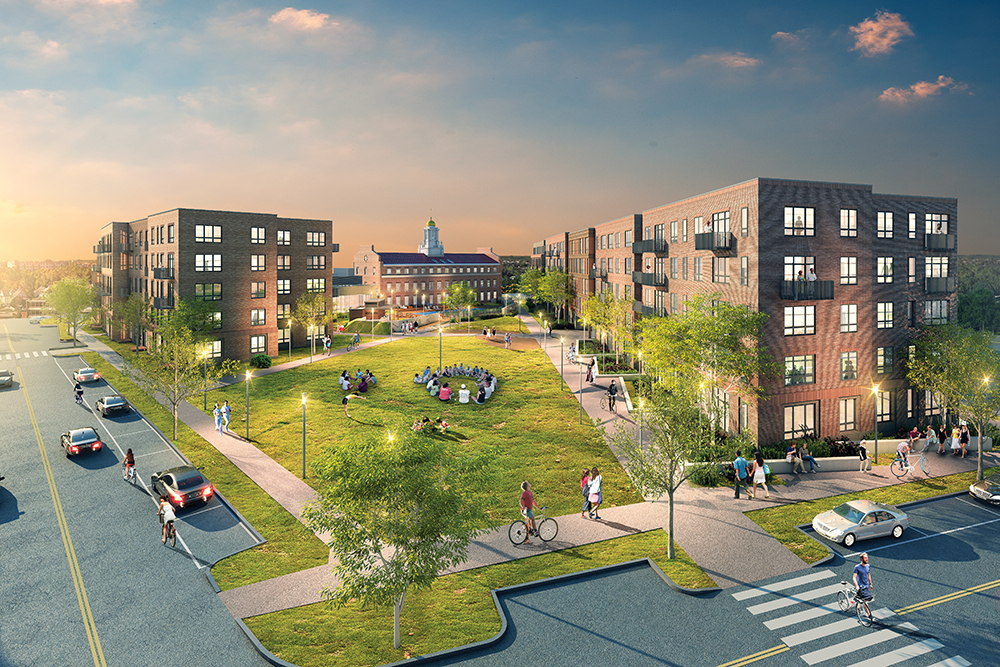 Rendering of the exterior of Ashlar Park in Quincy, MA.