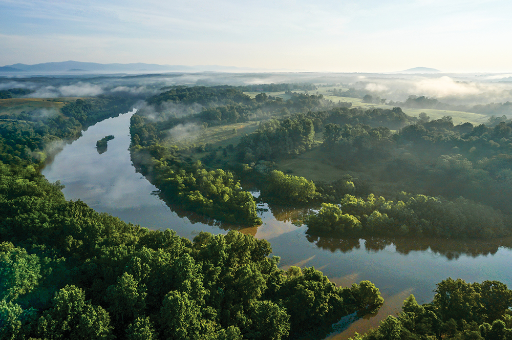 Aerial shot of Rivanna River in Albemarle County, Virginia. It is located in Central Virginia.