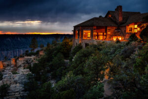 Photo of a cabin in Grand Canyon North Rim Lodge after sunset.