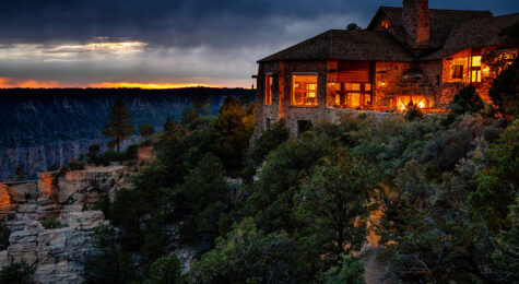 Photo of a cabin in Grand Canyon North Rim Lodge after sunset.