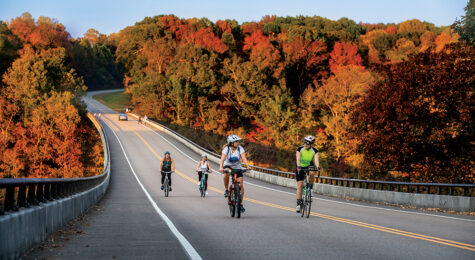 Cyclists ride over the Natchez Trace Parkway Bridge along the Natchez Trace Parkway in Williamson County, Tennessee, which is just outside of Nashville.
