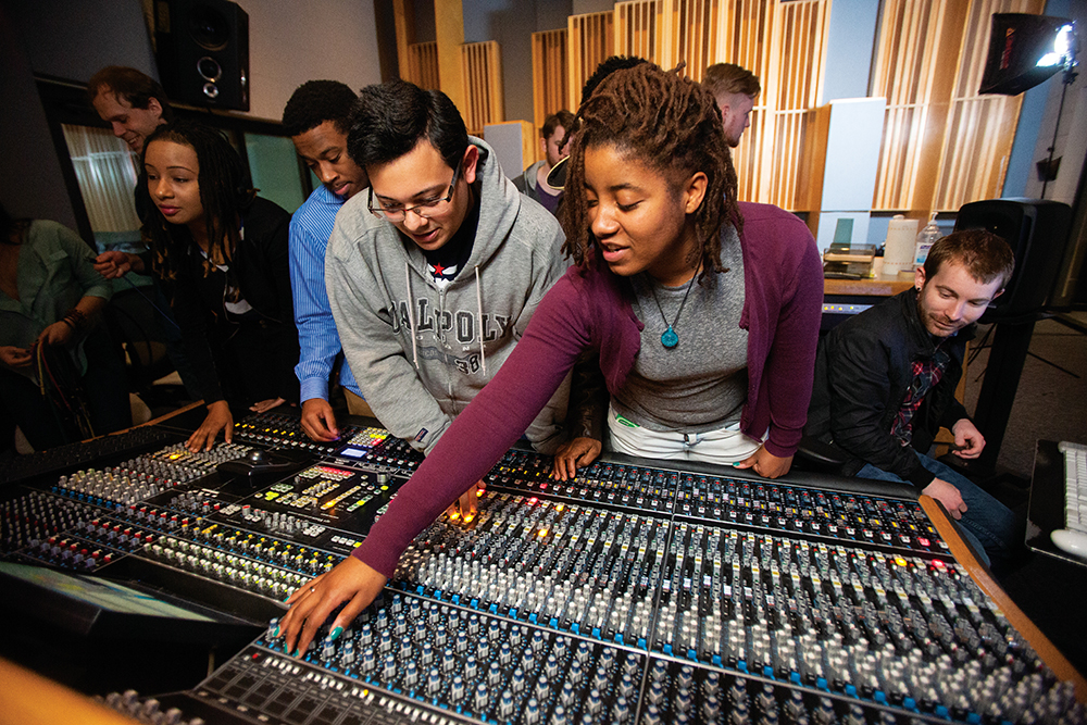 Graduate students learn to program a state-of-the-art API Vision console in studio during a recording session at MTSU's College of Media and Entertainment in Murfreesboro, Tennessee, which is part of the greater Nashville Region.