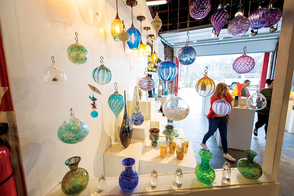 Glass art is on display in the gallery at the North Carolina Glass Center in the River Arts District neighborhood of Asheville, North Carolina.