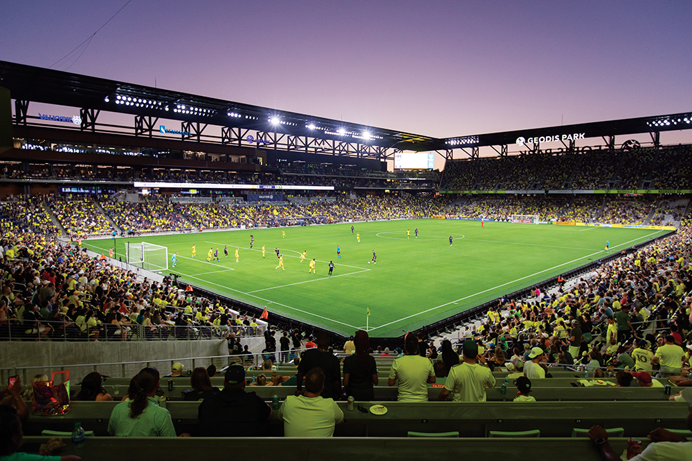 Fans cheer on Nashville SC against the Seattle Sounders FC at Geodis Park in Nashville, Tennessee.