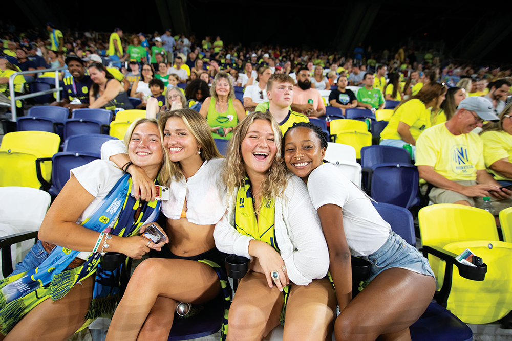 Fans cheer on Nashville SC against the Seattle Sounders FC at Geodis Park in Nashville, Tennessee.