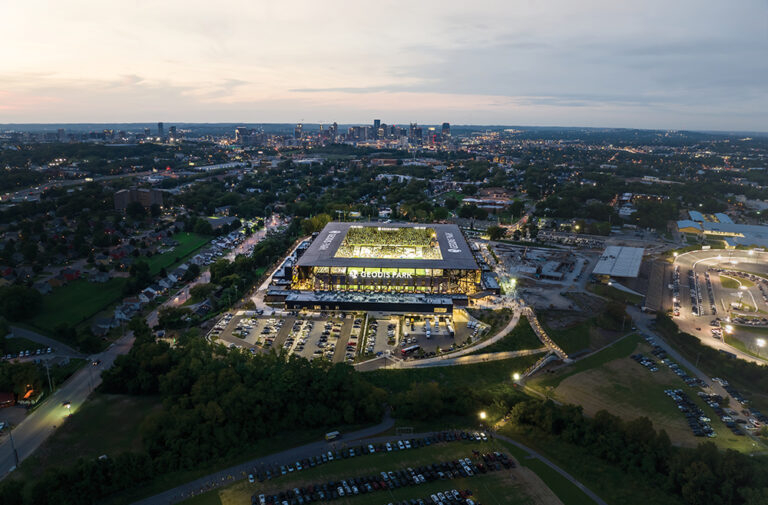 Geodis Park during a Nashville SC game in Nashville, Tennessee, with a view of the city skyline in the distance. Drone photo.