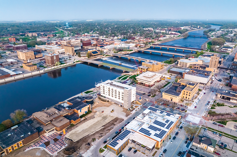 An aerial view of downtown Waterloo, Iowa and the Cedar River. Drone photo.