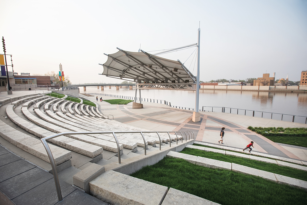 The new RiverLoop Amphitheatre & Expo Plaza along the Cedar River in downtown Waterloo, Iowa.