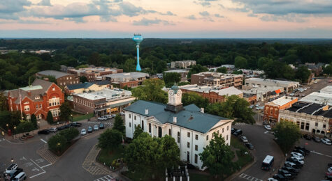Aerial shot of The Lafayette County Courthouse in downtown Oxford, MS.