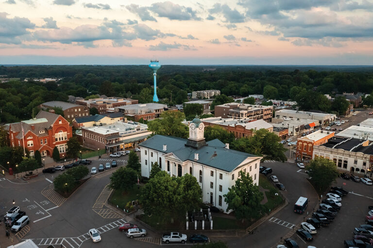 Aerial shot of The Lafayette County Courthouse in downtown Oxford, MS.