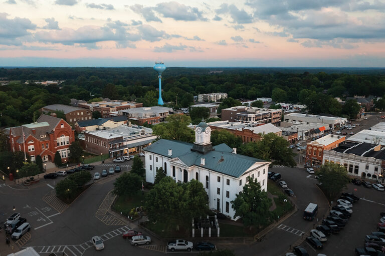 Aerial shot of The Lafayette County Courthouse in downtown Oxford, MS.