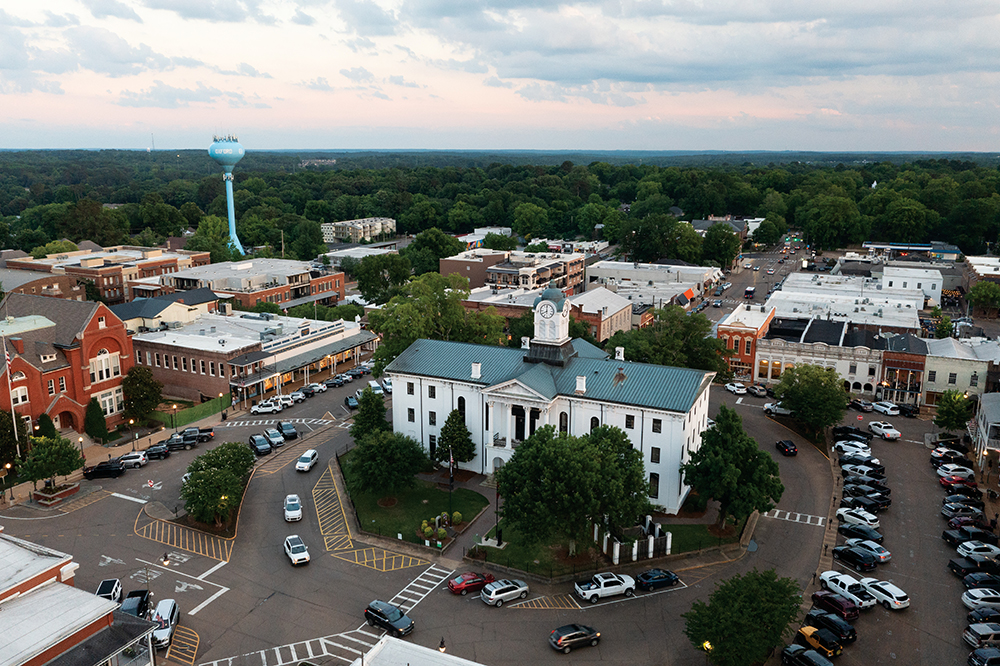 Aerial shot of The Lafayette County Courthouse in downtown Oxford, MS.
