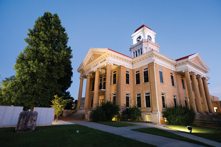 The Blount County Courthouse lights up at dusk in downtown Maryville, Tennessee.
