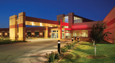 Exterior shot of the Grundy County Memorial Hospital at night. The hospital is located in the Cedar Valley region of Iowa.