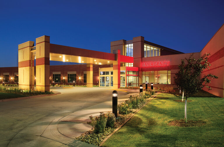 Exterior shot of the Grundy County Memorial Hospital at night. The hospital is located in the Cedar Valley region of Iowa.